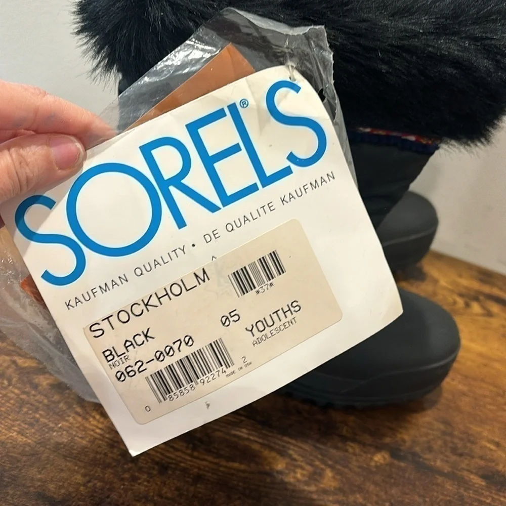 SOREL BLACK WINTER BOOTS YOUTH BIG GIRLS SIZE 5 FLORAL BOHO LINED NWT